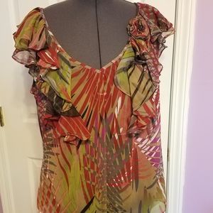 Sheer Bold Color Tropical Print V-Neck Tank